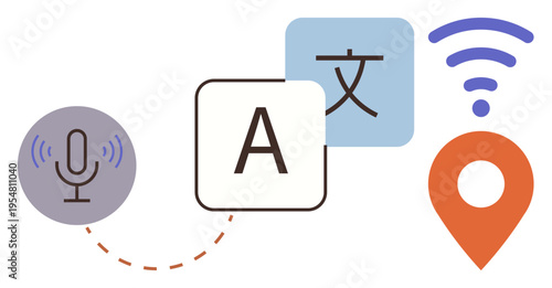 Language learning, translation tools, global connectivity, digital communication, speech recognition, travel assistance. Microphone, letters and location marker connected wirelessly. Language