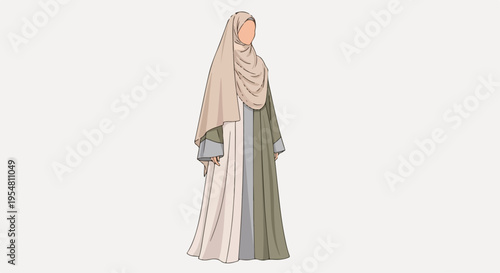Illustration of a woman wearing a hijab and traditional clothing, standing against a plain background with a neutral color palette.