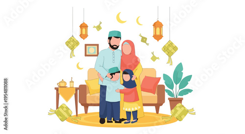 Illustration of a Muslim family with father, mother and two children in traditional clothing standing in a cozy living room with hanging lanterns and crescent moons, conveying a warm and