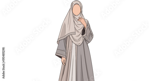 Illustration of a woman wearing a long grey robe and headscarf with her hand near her face against a plain white background.