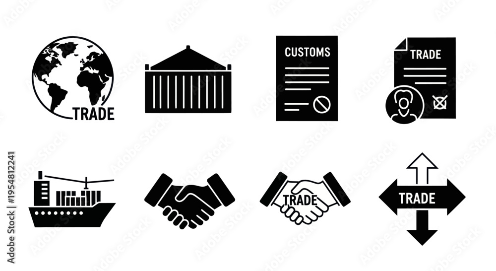 Fototapeta premium Global Trade and Shipping Icons: Earth, Container, Customs, Partnership, Ship