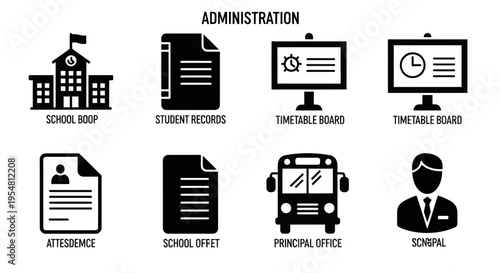 School Administration and Education Icons: Building, Records, Timetable, Bus, Principal, Staff