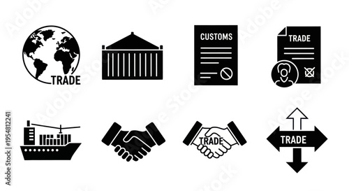 Global Trade and Shipping Icons: Earth, Container, Customs, Partnership, Ship