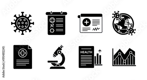 Medical Health Icons: Virus, Calendar, Microscope, Globe, Chart