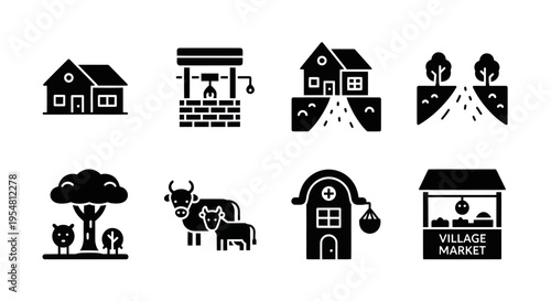 Farm Icons: House, Well, Barn, Trees, Pig, Cow, Market Stall