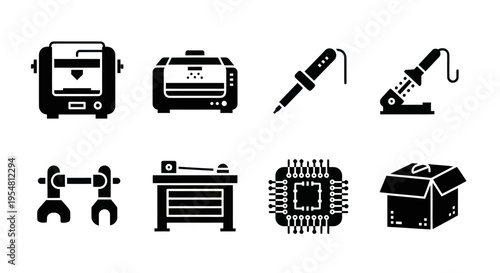 Electronics Repair and Assembly Icons: 3D Printer, Soldering Iron, Circuit Board, Workbench