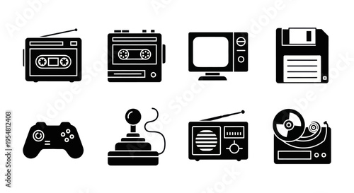 Retro Technology Icons: Cassette, TV, Floppy Disk, Game Controller, Radio, Reel-to-Reel