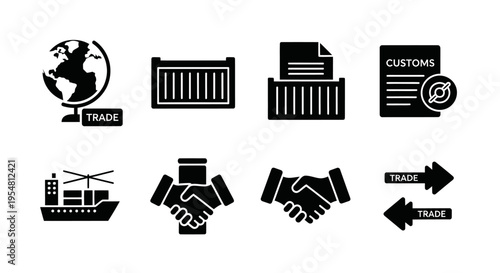 Global Trade and Logistics Icons: Shipping, Customs, Handshake, Globe