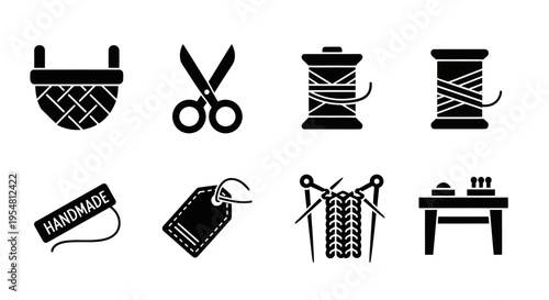 Handmade Craft Icons: Basket, Scissors, Thread, Knitting, Tag, Table