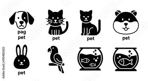 Cute Pet Icons: Dog, Cat, Hamster, Rabbit, Parrot, Fish Bowls