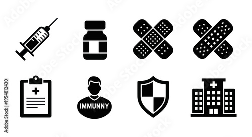 Medical Icons: Syringe, Vaccine Vial, Bandages, Hospital, Shield, Clipboard