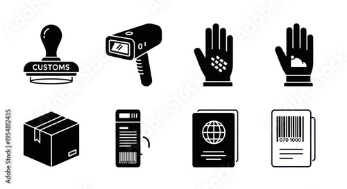 Customs Icons: Stamp, Scanner, Gloves, Passport, Package, Barcode, Document