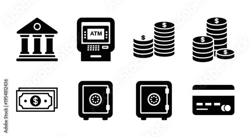 Financial Icons: Bank, ATM, Coins, Cash, Safe, Credit Card