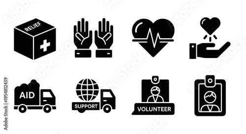 Charity and Support Icons: Aid, Volunteer, Heartbeat, Giving Hands, Donation Box