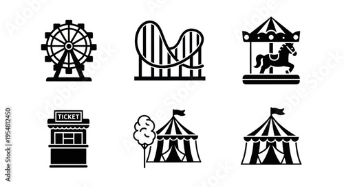 Carnival Icons Set: Ferris Wheel, Roller Coaster, Carousel, Ticket Booth, Circus Tent