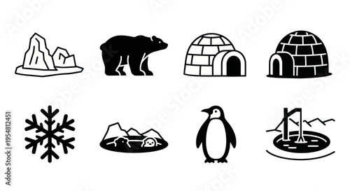 Arctic Icons: Polar Bear, Penguin, Igloo, Iceberg, Snowflake, and Arctic Landscape