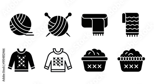 Knitting and Sewing Icons: Yarn, Needles, Scarf, Towel, Sweaters, Baskets