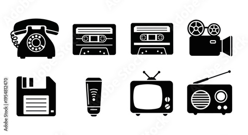 Retro Technology Icons: Rotary Phone, Cassette Tapes, Floppy Disk, TV, Radio, Camera