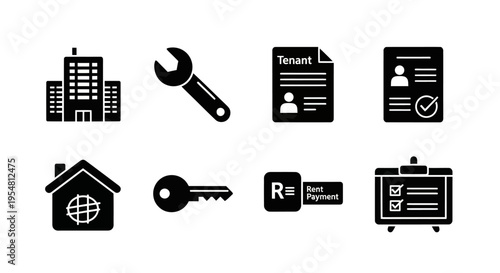 Real Estate Icons: Building, Wrench, Tenant, Lease, House, Key, Payment, Checklist