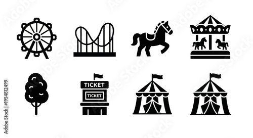 Amusement Park Icons: Ferris Wheel, Roller Coaster, Carousel, Horse, Ticket Booth, Tent