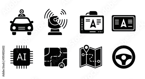 Autonomous Driving Technology Icons: AI, GPS, Car, Map, Radar, Chip, Steering Wheel
