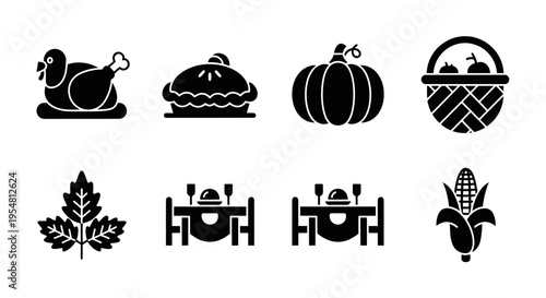 Thanksgiving Icons: Roasted Turkey, Pie, Pumpkin, Basket, Maple Leaf, Dinner Table, Corn