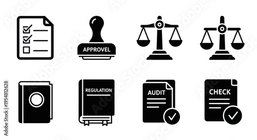 Legal Icons: Checklist, Stamp, Scales of Justice, Book, Audit, Checkmark