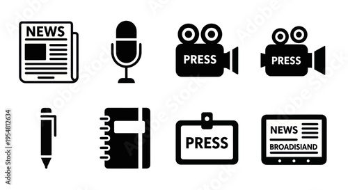 Press and Media Icons: Newspaper, Microphone, Camera, Pen, Notebook, Badge, Screen