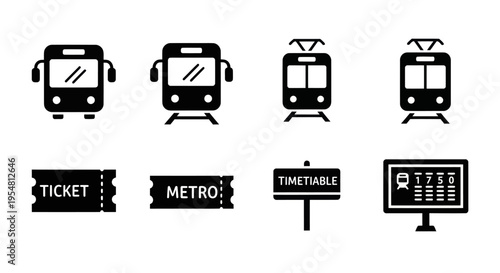 Public Transport Icons: Train, Metro, Ticket, Timetable, Schedule Board