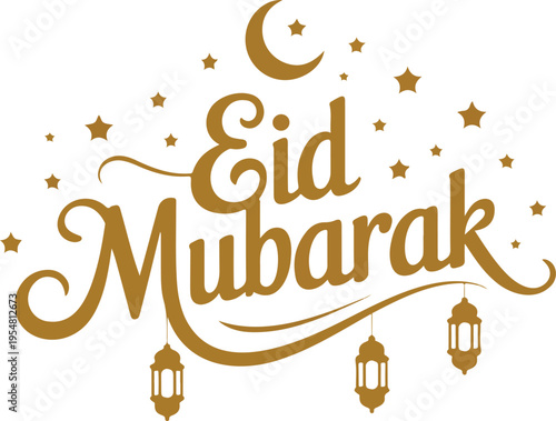 Slika na platnu Golden Eid Mubarak greeting calligraphy vector with hanging lanterns crescent mo