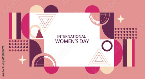 International Women's Day Banner with Abstract Geometric Shapes in Pink and Purple, Bauhaus Style Poster Background for March 8 Celebration