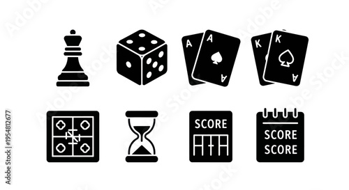 Set of game icons: chess queen, dice, playing cards, hourglass, board game, score