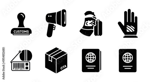 Customs Icons: Stamp, Megaphone, Passport, Box, Hand, Barcode, Person