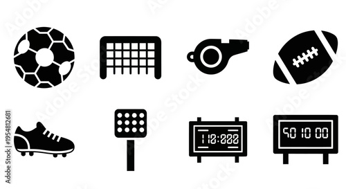 Soccer Ball, Goal, Whistle, Football, Cleats, Scoreboard Icons Set