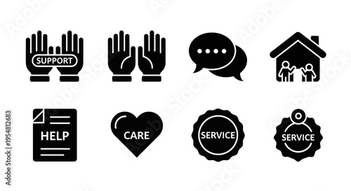 Set of Icons: Support, Help, Care, Service, Communication, Family, House