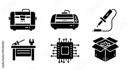 DIY Electronics Workshop Icons: 3D Printer, Soldering, Circuit Board, Workbench, CPU, Box