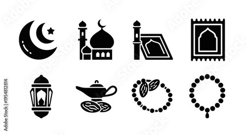 Islamic Icons: Ramadan, Eid, Mosque, Prayer Mat, Lantern, Dates, Rosary