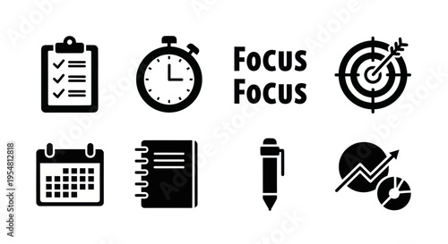 Business Icons: Checklist, Stopwatch, Calendar, Notebook, Pen, Target, Analytics