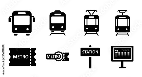 Public Transport Icons: Metro, Tram, Bus, Ticket, Station Sign, Schedule Board