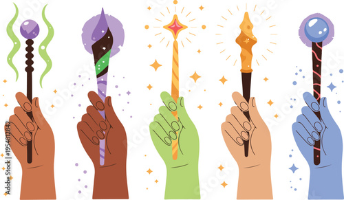 Diverse hands holding magical wands set with glowing sparkles and energy effects for fantasy gaming and wizardry illustration vector