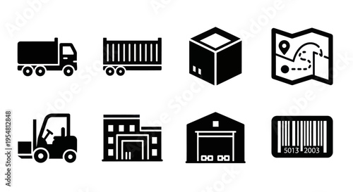 Logistics and Shipping Icons: Truck, Container, Package, Map, Forklift, Warehouse, Building, Barcode