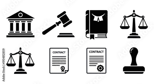 Legal Icons Set: Justice, Law, Court, Contract, Gavel, Scales, Stamp
