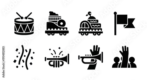 Celebration Icons: Parade, Music, Party, and Crowd Symbols