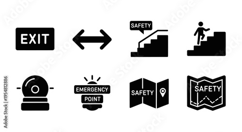 Safety Icons: Exit, Stairs, Map, Bell, Emergency Point, Directional Arrows