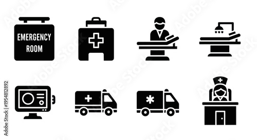 Medical Icons: Emergency Room, First Aid, Doctor, Surgery, Monitor, Ambulance, Nurse