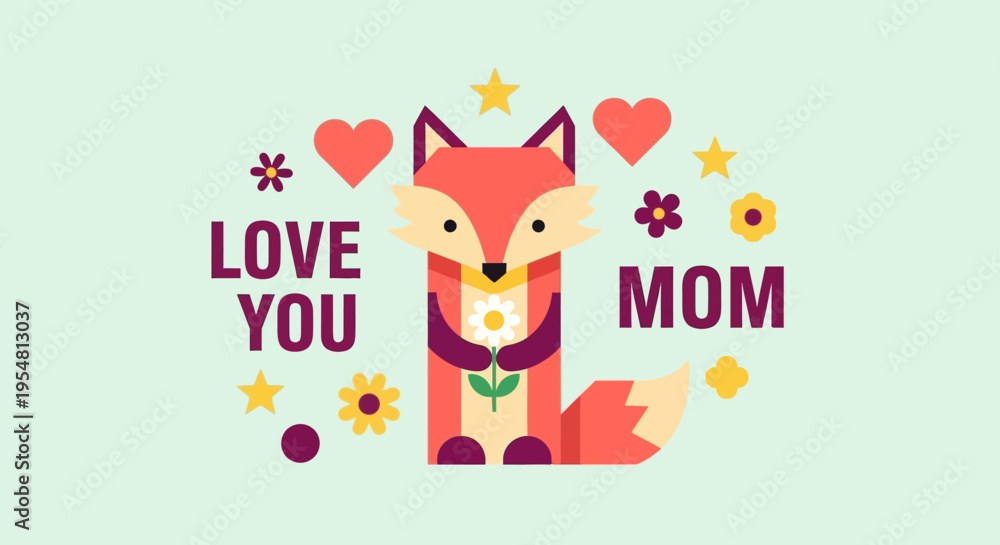 Obraz premium Cute Geometric Fox Illustration with Love You Mom Text for Mother's Day Greeting Card