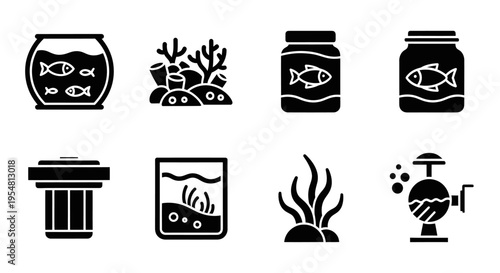 Aquarium icons: fishbowl, coral, fish food, aquarium plants, filter, and pump