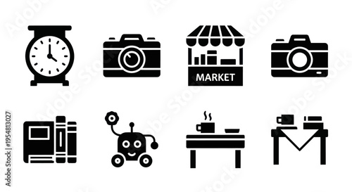 Collection of Black Icons: Clock, Camera, Market, Books, Robot, Coffee Table, Desk