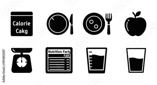 Diet and Health Icons: Nutrition, Weight Loss, Healthy Eating, Calorie Counting