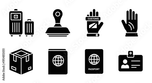 Travel and Border Control Icons: Passport, Luggage, Stamp, Package, ID